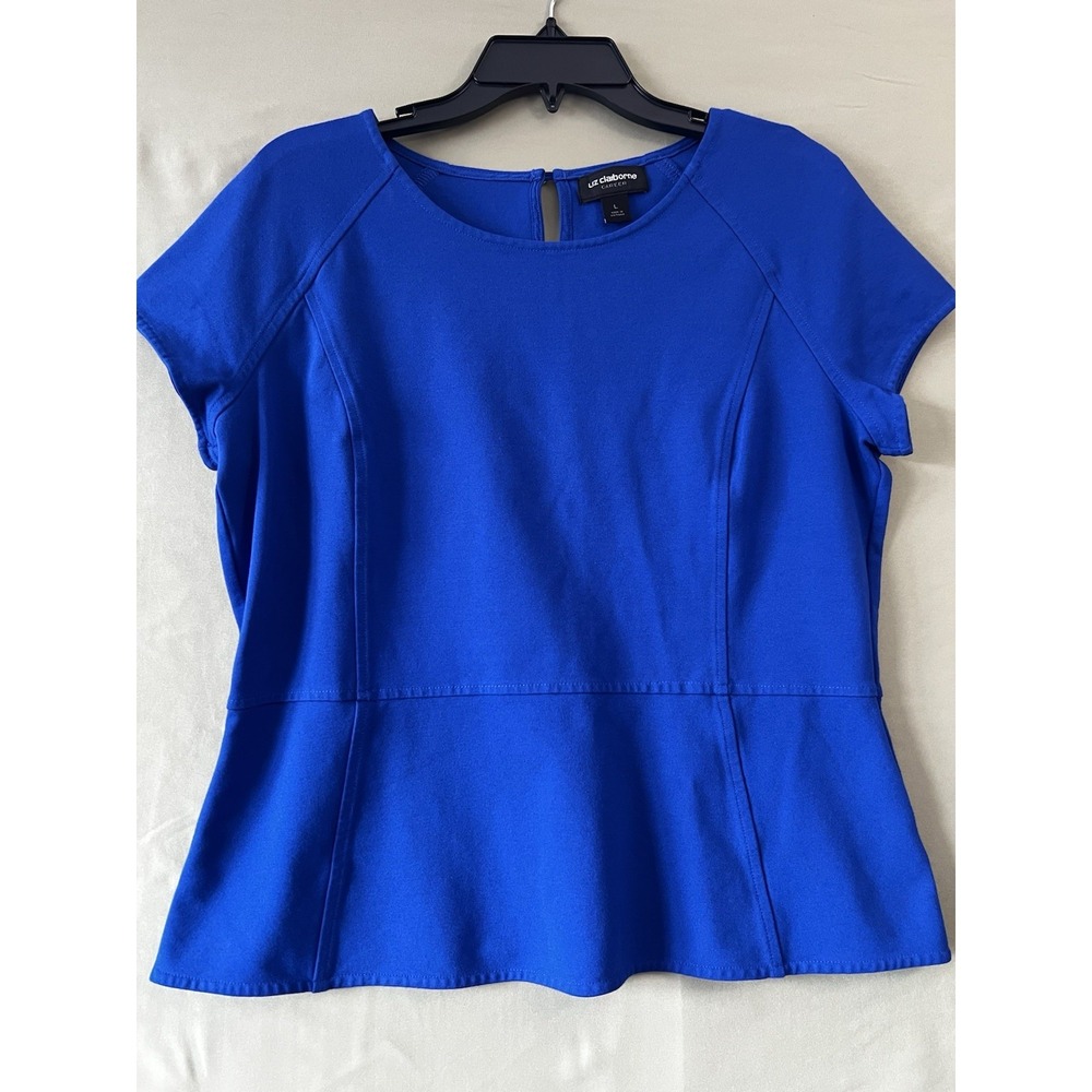 Liz Claiborne Peplum Top - Blue Short Sleeve Career Blouse - Large - Picture 1 of 11
